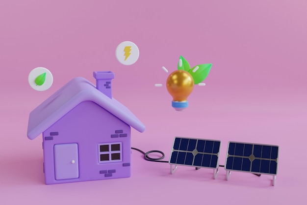 Illustrazione 3d della casa con pannelli solari. Elettricità energia verde natura pulita eco risparmio solare