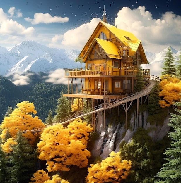 Illustrazione 3d della casa gialla in cima alla collina con vista sulla montagna