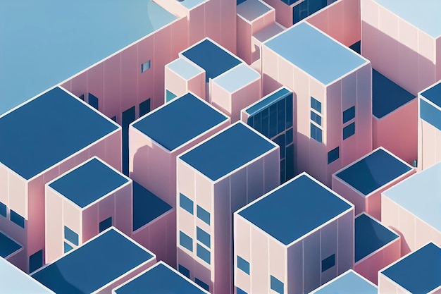 Illustrazione 3d della città isometrica nei colori blu e rosa