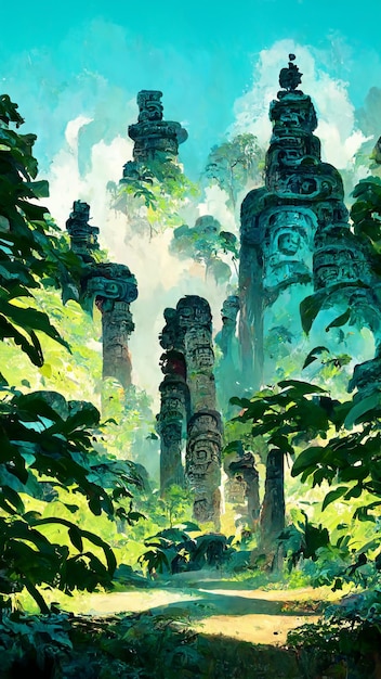 Illustrazione 3D della cultura antica in stile Maya della foresta