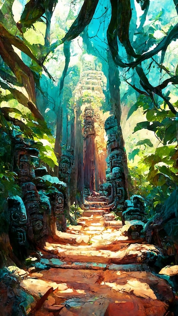 Illustrazione 3D della cultura antica in stile Maya della foresta