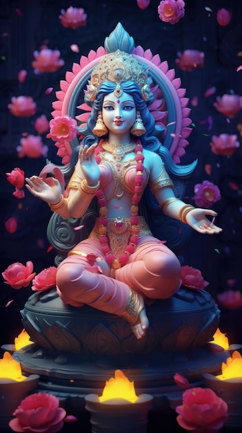 Illustrazione 3D della dea Lakshmi seduta su un loto con fiori sullo sfondo