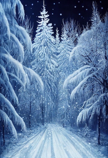 Illustrazione 3D della foresta congelata di notte di Natale innevata