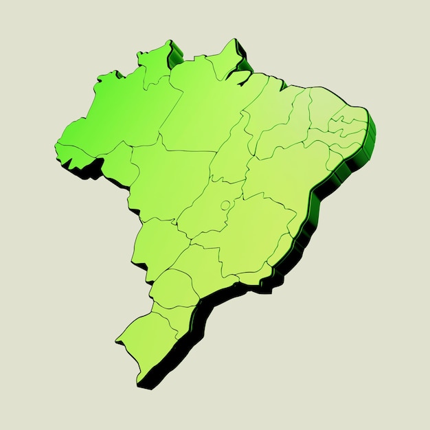 Illustrazione 3d della mappa del Brasile in gradiente metallico verde e giallo isolato in giallo chiaro