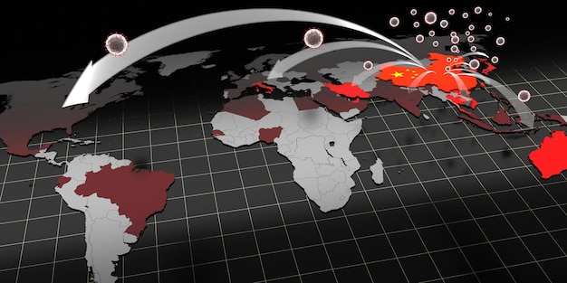Illustrazione 3D della mappa di diffusione dell'epidemia di coronavirus Covid 19