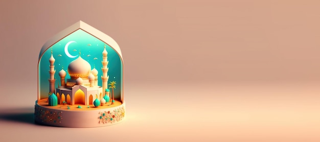 Illustrazione 3D della moschea per Eid Ramadan Celebrazione islamica Banner con spazio di copia