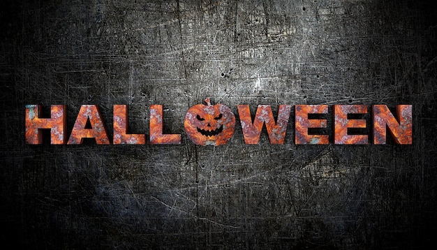 Illustrazione 3D della parola halloween fatta di metallo arrugginito