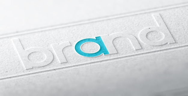 Illustrazione 3D della parola marchio in rilievo su uno sfondo di carta con effetto sfocato. Concetto di marchio aziendale o identità aziendale