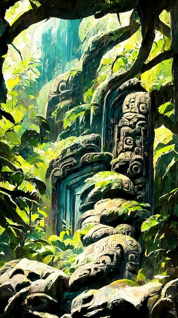 Illustrazione 3D della porta di pietra di stile Maya della foresta pluviale tropicale