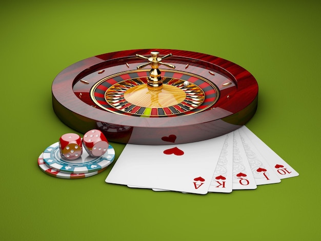 Illustrazione 3d della roulette del casinò con dadi, fiches da poker e carte da gioco, sfondo verde.