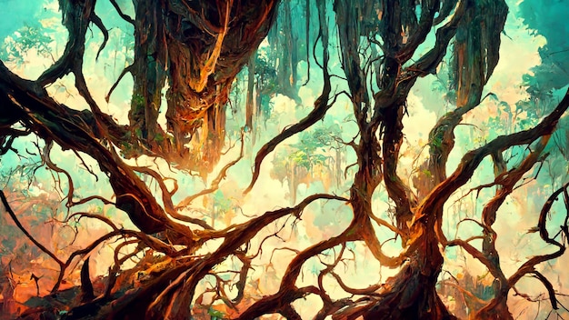 Illustrazione 3D della scena degli alberi di stile Maya della foresta