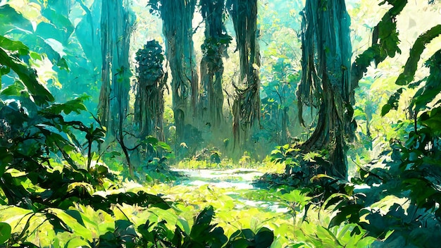 Illustrazione 3D della scena degli alberi di stile Maya della foresta