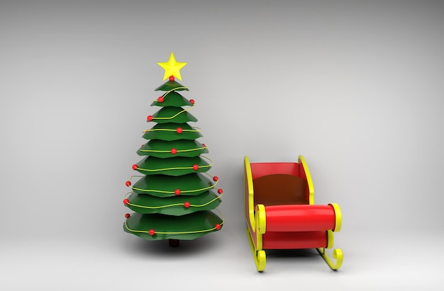 Illustrazione 3d della slitta dell'albero di natale su priorità bassa bianca