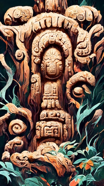 Illustrazione 3D della stele della cultura antica in stile Maya della foresta