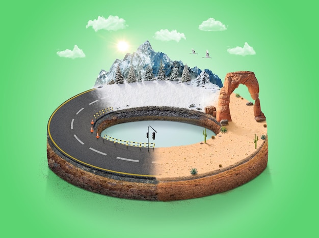 Illustrazione 3D della strada circolare isometrica. strada circolare infinita con deserto e foresta di neve isolata.