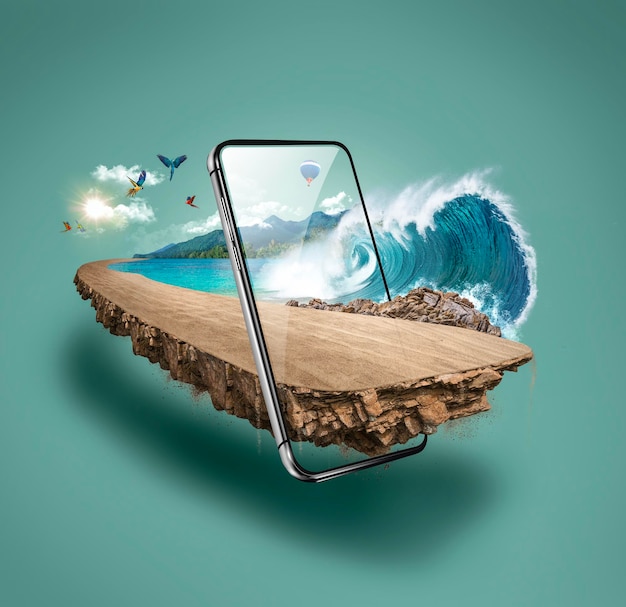 illustrazione 3d della strada mobile con spiaggia isolata. Isometrico fuoristrada con smartphone.