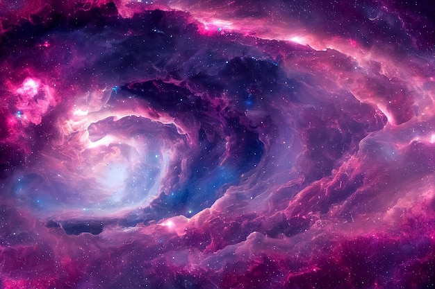 Illustrazione 3d della tempesta di vortici stellari nello spazio della galassia colori viola rosa