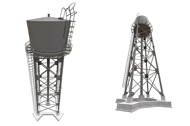 Illustrazione 3D della torre dell'acqua Serbatoio di risorse acquose e struttura industriale in metallo alto