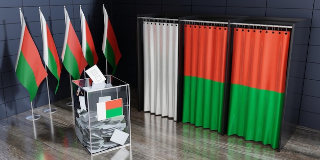 Illustrazione 3D delle cabine elettorali e delle urne elettorali del Madagascar