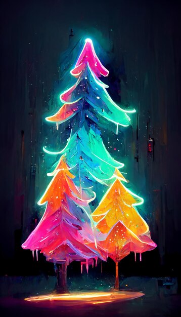 Illustrazione 3D delle luci al neon colorate dell'albero di Natale della neve di Natale