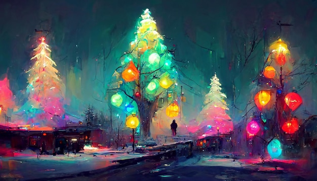 Illustrazione 3D delle luci al neon colorate dell'albero di Natale della neve di Natale