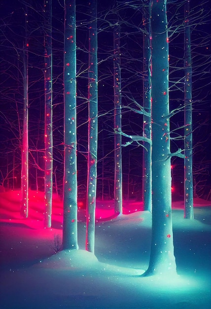 Illustrazione 3D delle luci al neon della foresta di neve di Natale