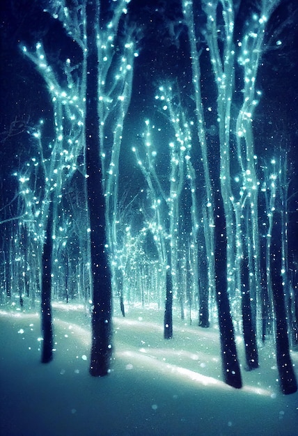 Illustrazione 3D delle luci al neon della foresta di neve di Natale