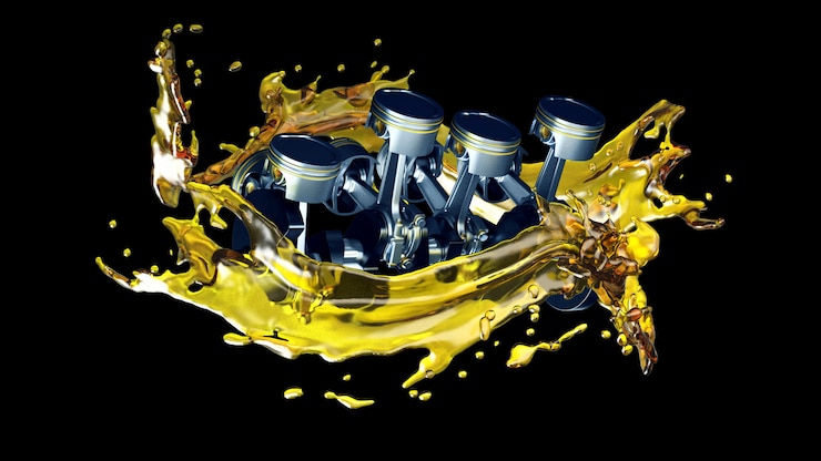 Foto illustrazione 3d delle parti nel motore di automobile con olio lubrificante sulla riparazione