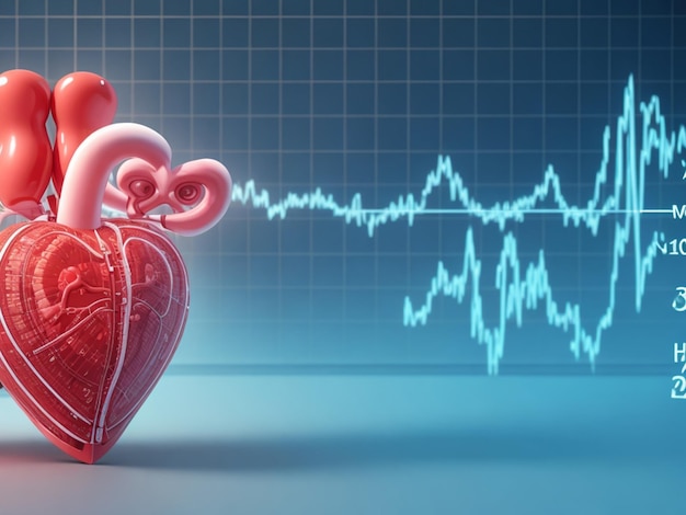 Illustrazione 3D delle tecnologie digitali del cuore umano e del cardiogramma in medicina