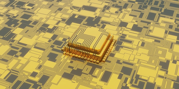 Illustrazione 3d dello sfondo del microchip tecnologico, prospettiva del circuito stampato di superficie digitale e del chip