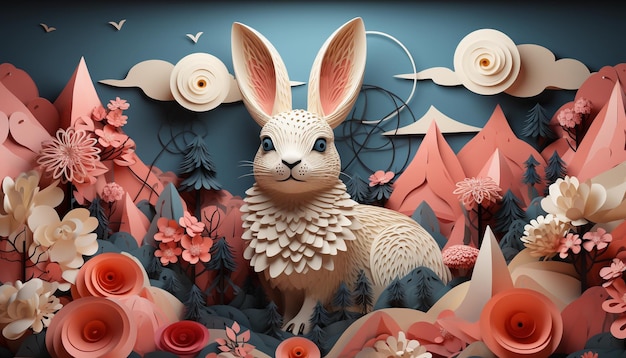 Illustrazione 3D dello sfondo di Pasqua con coniglietto carino e fiori di carta