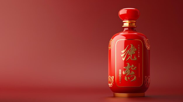 Illustrazione 3D dettagliata del design della bottiglia di liquore cinese Il testo dice liquore premium Baijiu