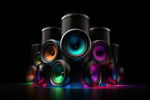 Illustrazione 3d di altoparlanti audio con luci colorate su sfondo nero