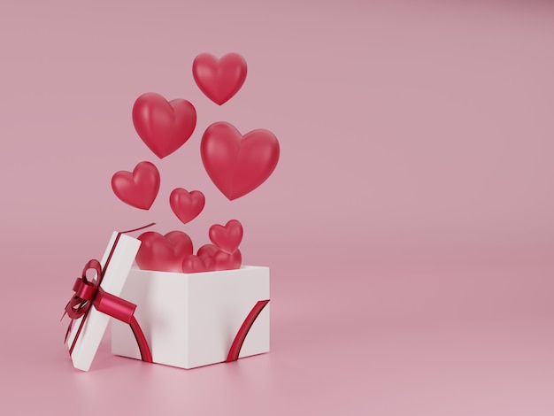 Illustrazione 3D di amore e San Valentino, confezione regalo bianca e cuore rosso galleggiano su sfondo rosa. Rendering 3D