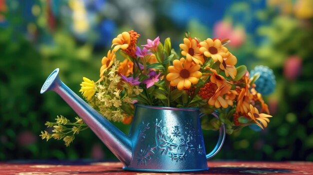 Illustrazione 3D di annaffiatoio con fiori