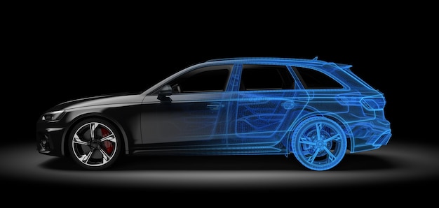 Illustrazione 3D di auto generiche e senza marchio in nero e wireframe