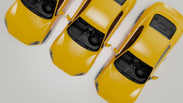 Illustrazione 3D di automobili gialle su una superficie bianca