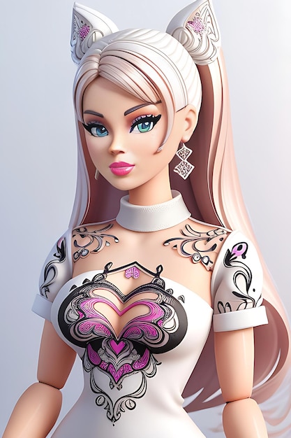 Illustrazione 3D di barbie bianco e rosa splendido vestito generativo AI