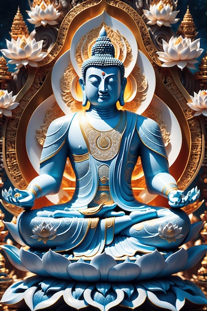 Illustrazione 3D di Buddha seduto su uno sfondo di roccia di fiore di loto