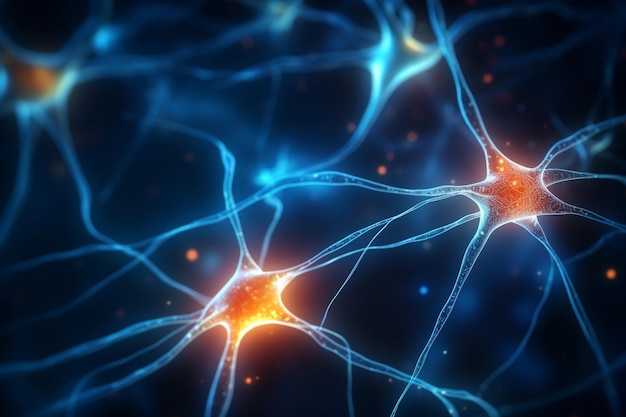 Illustrazione 3D di cellule neurali con impulsi di luce su uno sfondo scuro
