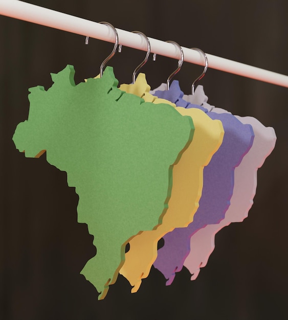 Illustrazione 3d di colorate mappe brasiliane agganciate in un tubo bianco su sfondo marrone scuro con