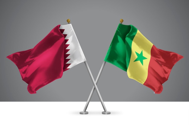 Illustrazione 3D di due bandiere incrociate del Qatar e del Senegal