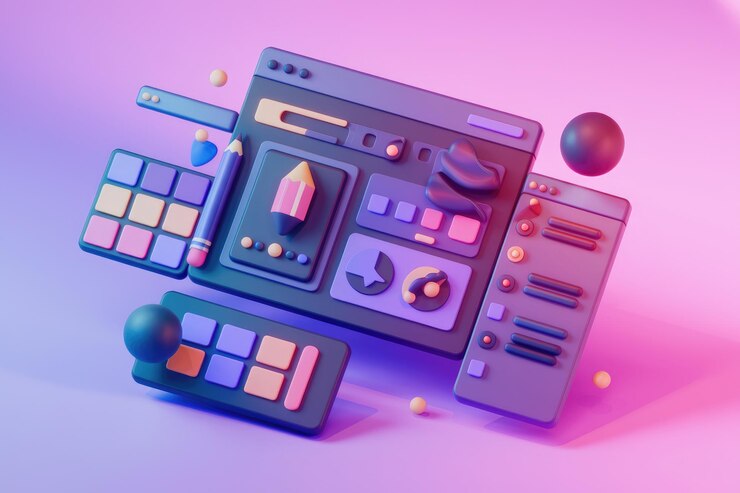 Foto illustrazione 3d di elementi di web design che rappresentano la creatività e l'interfaccia utente