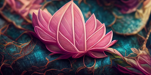 Illustrazione 3D di fantasia della natura della luce rosa di loto. Sfondo di fiori di loto