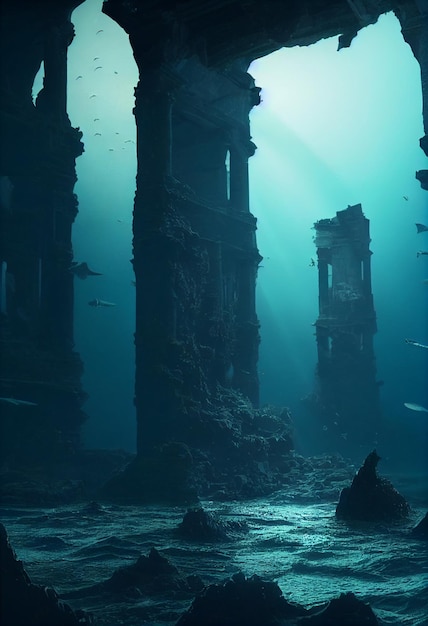 Illustrazione 3d di fantasia subacquea della città perduta in rovina