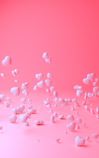 Illustrazione 3d di fondo rosa-chiaro con composizione dei cuori differenziali di bianco di dimensioni