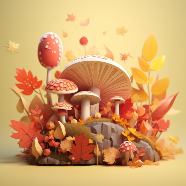 Illustrazione 3d di funghi e foglie su una collina