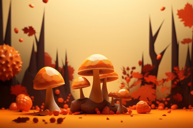 Illustrazione 3D di funghi nella foresta