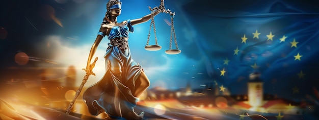 Illustrazione 3D di Lady Justice con la bandiera dell'UE sullo sfondo luminoso Copia l'immagine spaziale Luogo per l'aggiunta