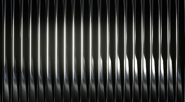 Illustrazione 3d di lame verticali ritorte in argento con riflessi di luce su sfondo nero